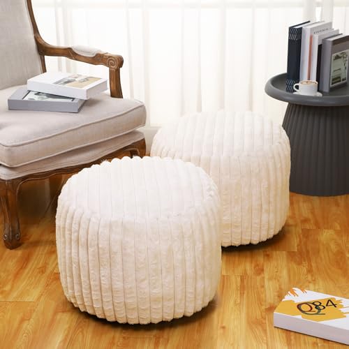 Teenyyou 2 Pcs Unstuffed Pouf Ottoman Cover Beige, 20 x 15 in No Filler | Soft Faux Fur Ribbed Texture, Floor Footrest for Living Room Bedroom, Bean Bag Seating Storage, Empty Cover No Insert - color: Beige, size: 20 x 15 In