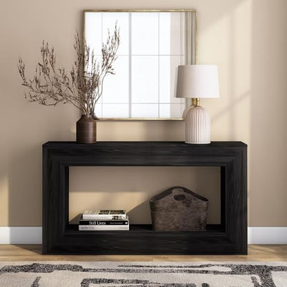 Plank+Beam Grand Console Table, 56 Inch, with Shelf, Black Wirebrush | Balanced, Statement Design, Low-VOC Finish, Easy Assembly, Solid Wood - color: Black Wirebrush, size: 56 Inch with Shelf