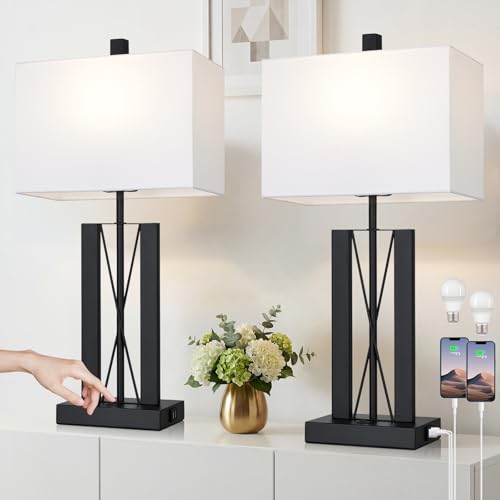 Lolikit 25" Table Lamps for Living Room Set of 2, Modern Table Lamp with 2 USB Charging Ports, Nightstand Geometric Bedside Lamp with White Shade for Bedroom End Table Desk Office(2 LED Bulb Included) - color: White - 25"H