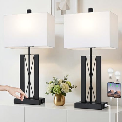 Lolikit 25" Table Lamps for Living Room Set of 2, Modern Table Lamp with 2 USB Charging Ports, Nightstand Geometric Bedside Lamp with White Shade for Bedroom End Table Desk Office(2 LED Bulb Included) - color: White - 25"H