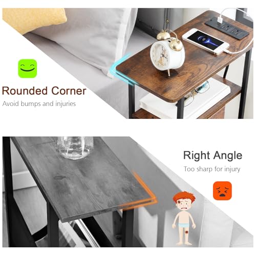 Narrow End Table with Charging Station, Small Nightstand | Skinny Side Tables Living Room with 3 Fabric Drawers, Slim Bedside Table with LED Lights for Bedroom, Small Spaces, Brown - color: Rustic Brown, size: 27.55''H (3 Drawers), style: Power + Light