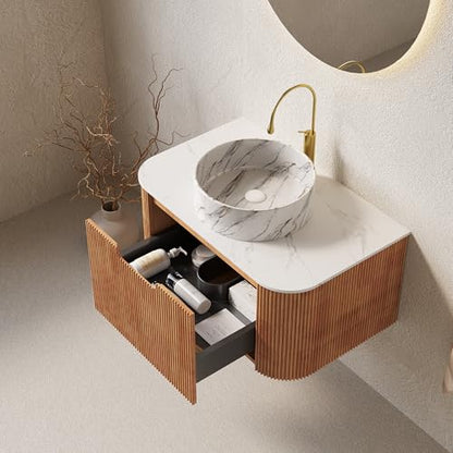 30” Floating Bathroom Vanity with Sink, Fluted Wall-Mounted Solid Wood Cabinet, Marble-Pattern Ceramic Round Basin, Faux Marble Top, Soft-Close Drawer, Pre-Assembled, Natural Woodgrain - color: 01 - Natural Woodgrain, size: 30"