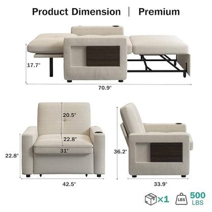 Sunny Heart 42.5" W Oversized Sleeper Chair Bed, 3-in-1 Convertible Reclining Sofa Chair with Pull Out Couch Bed, Adjustable Backrest, Side Pockets, Cup Holder, USB Ports & Side Table, Premium Beige - color: Beige, size: 42.5 inch