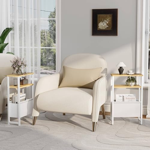 Narrow Side Table, Slim End Table with Magazine Rack, Skinny Bedside Table for Small Spaces, 3 Tier Sofa Couch Table Nightstand for Living Room, Bedroom, Natural LET503Y - color: Natural, style: No Charging Station