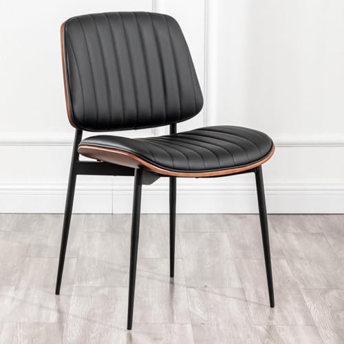 LUNLING Dining Room Chairs Mid Century Modern Retro Black Faux Leather Chair with Walnut Bentwood Upholstered Seat Metal Legs Kitchen Chairs Adjustable Foot for Kitchen Dining Room,1PCS - color: Black, size: 1PCS