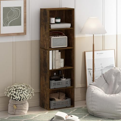 Furinno LUDER Book Shelf, 5-Tier Bookshelf, Bookcase with Open Shelves, 9.4 x 15.8 x 52, Easy Assembly, for Living Room, Bedroom, Home Office, Amber Pine - color: Amber Pine, size: 5-Tier