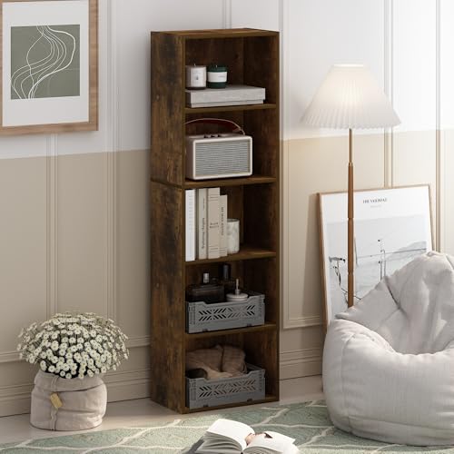 Furinno LUDER Book Shelf, 5-Tier Bookshelf, Bookcase with Open Shelves, 9.4 x 15.8 x 52, Easy Assembly, for Living Room, Bedroom, Home Office, Amber Pine - color: Amber Pine, size: 5-Tier