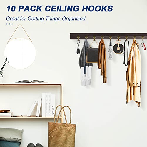 NearMoon Stainless Steel Screw Mounted Ceiling Hooks, Under-Shelf Towel/Robe Clothes Hook Heavy Duty Coat Hanger for Bathroom Kitchen Cabinet Garage, 10 Pack (Brushed Gold) - color: Brushed Gold