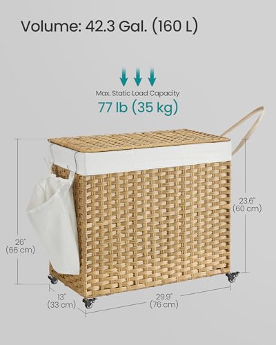 SONGMICS Laundry Hamper with Lid, 42.3 Gallons (160 L), Rolling Laundry Basket with Wheels, 3-Section Synthetic Rattan, Removable Liner, Bedroom, 29.9 x 13 x 26 Inches, Natural ULCB365N01 - color: Natural, size: 160 L