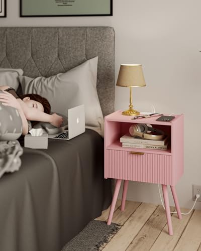 Nightstand with Oultlet,Modern Bedside Table with Storage Drawer and Open Wood Shelf, for Living Room, Bedroom and Small Spaces, Accent Night Stand with Solid Wood Legs, Easy Assembly,Pink - color: Pink-outlet