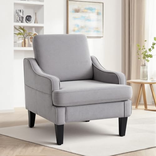 Mid-Century Accent Chair, Comfy Arm Chair Upholstered Living Room Chair for Bedroom, Fabric Reading Chair with Wood Legs for Apartment, Waiting Room, Vanity Room (Gray) - color: Grey