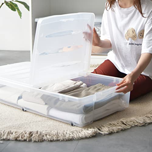 Citylife 57 QT Plastic Under Bed Storage Bins with Double-opening Lids Clear Underbed Storage Containers with Wheels for Organizing Shoes, Blankets, Clothes