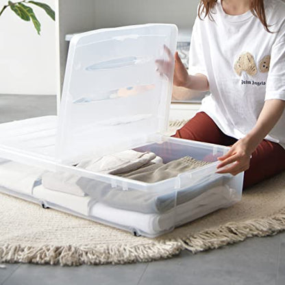 Citylife 57 QT Plastic Under Bed Storage Bins with Double-opening Lids Clear Underbed Storage Containers with Wheels for Organizing Shoes, Blankets, Clothes