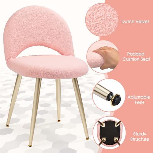 Vanity Chair with Back, Pink Vanity Stool Chair | Boucle Upholstery Armless Makeup Stool with Gold Metal Legs for Bedroom Living Room Kitchen Dinning Room (Gold and Pink) - color: Gold and Pink