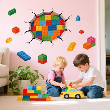 Hole in Wall Building Blocks Wall Decals, Wall Stickers Decor | 2 Sheets 11.8"x37.8" Vinyl Removable Peel and Stick Murals, Plant Decor for Bedroom, Bathroom, Office, Classroom & Home - style: Hole in Wall Building Blocks