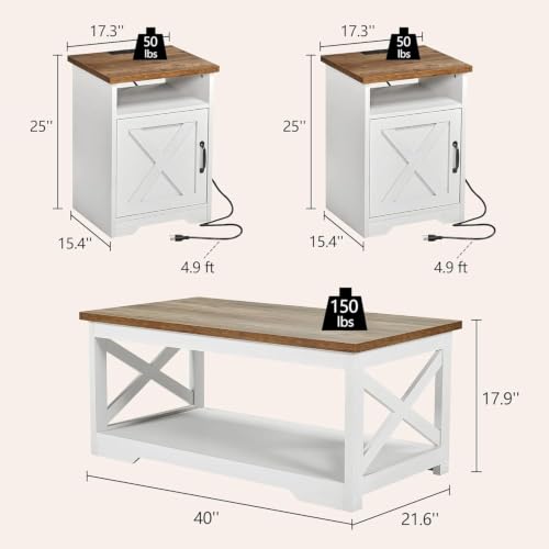 3 Piece Living Room Table Set with Barn Door, Distressed White | Includes Coffee Table and 2 End Tables, Charging Station &USB Ports, Rustic Farmhouse Style, Living Room Furniture Set - color: Distressed White