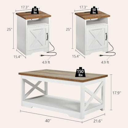 3 Piece Living Room Table Set with Barn Door, Distressed White | Includes Coffee Table and 2 End Tables, Charging Station &USB Ports, Rustic Farmhouse Style, Living Room Furniture Set - color: Distressed White