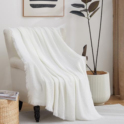 100% Acrylic Decorative Knitted Throw Blanket with Fringes for Bed, Couch, Chairs, Small, Lightweight, Soft, Cozy, Waffle Textured Blanket, Suitable for Spring, Summer, Ivory, 50"x60" - color: Ivory