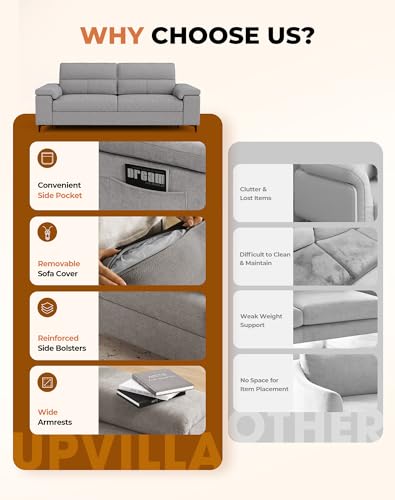 Upvilla 88.97" Modern Sofa Couches for Living Room(Light Gray) | 8”Cushion, Comfy 2-Seater Chenille Loveseat with Convertible Armrest, Removable Sofa Cover, High Leg - color: Light Gray, size: 88.97" Couch