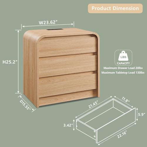 Aitjunz 25" Tall Modern Nightstand with Charging Station, 23.6'' Wide Wood Bedside Table w/3 Storage Drawers, Small Dresser w/Curved Profile Design, End Table for Bedroom, Natural Oak - color: Natural Oak