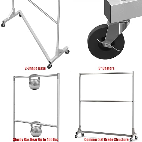 Simple Houseware Commercial Grade Z-Base Double Rod Garment Rack, Silver | 600Lb Load with 63" Extra Long Bar, Adjustable Middle Bar