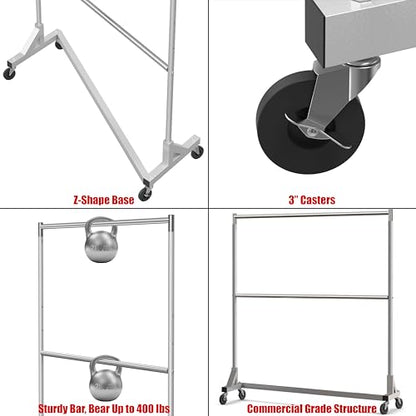 Simple Houseware Commercial Grade Z-Base Double Rod Garment Rack, Silver | 600Lb Load with 63" Extra Long Bar, Adjustable Middle Bar