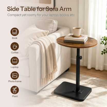 HOOBRO C Shaped End Table Adjustable Height, Small Tv Tray Table for Sofa | Small Oval C Shaped Side Table That Slide Under, Coffee Table for Couch, Small Spaces, for Living Room and Bedroom - color: Rustic Brown + Black