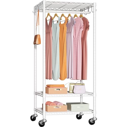 Rolling Clothes Rack, Clothing Racks for Hanging Clothes, White | P6 Mini Heavy Duty Garment Rack with Wheels, Freestanding Portable Closet Rack with Shelves, 23.6 In Wide, Max Load 360 LBS - color: White, size: P6 Mini