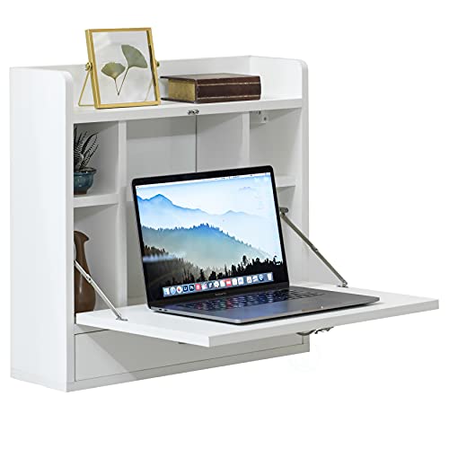 Wall Mounted Folding Desk with Storage Shelves - Floating Table with Drawers, Space Saving for Small Spaces, 23.75 x 6.75 x 23 in, White for Home Office, Bedroom, Study, Dorm Room - color: White