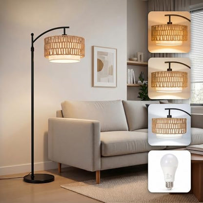 Rattan Floor Lamp with 12W LED Bulb, 57.5"-67" Adjustable Height Boho Standing Lamp, 3 Color Temperatures, Dual Rattan & Fabric Shades, Angle Adjustable Floor Lamp for Living Room Bedroom - style: Bohemian-Black