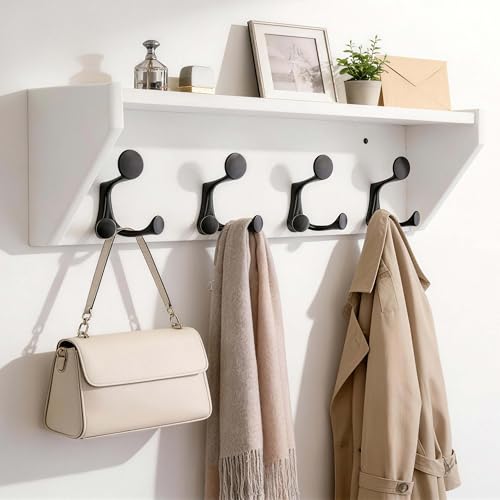 SKOLOO Wall Shelf with Hooks, 24-Inch White Coat Rack Wall Mount with Shelf Organizer - Heavy Duty, 4 Tri Hooks - Perfect for Entryway, Hallway, Living Room, Bedroom, Mudroom - color: White, size: 24 inch with 4 hooks