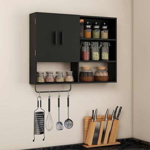 Bathroom Wall Cabinet with Towel Bar & 2 Doors, Black - color: Black