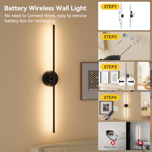 Battery Operated Wall Sconces Set of 2, 8000mAh Wireless Rechargeable 3000-6000K Dimmable 350° Rotate Wall Light with Remote for Living Room, Bedroom 31.6in Black - color: Black, size: 31.6in-Round Base