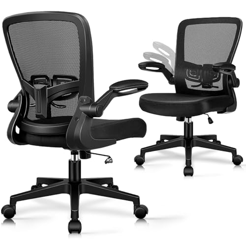 Desk Chairs with Wheels, Ergonomic Mesh Office Chair Adjustable Height and Swivel Lumbar Support Home Office Chair with Flip Up Armrests, Set of 2 - color: Black, size: 2PK