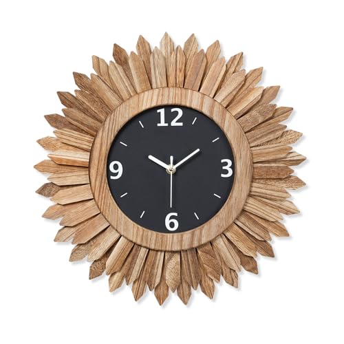 16 Inch Wall Clocks, Rustic Wood Boho Sunburst Decorative Wall Clock Battery Operated Silent Non Ticking Farmhouse Large Wall Clocks for Living Room Kitchen Bedroom Home Decor (Rustic Brown) - color: Rustic Brown, size: 16 inch