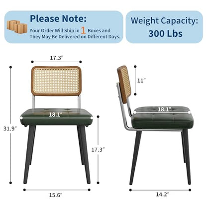 Garvee Rattan Dining Chairs Set of 2, Upholstered Dining Room Chairs with Rattan Backrest, Armless Side Chairs for Kitchen Living Room, Restaurant, PU Leather, Dark Green | Upholstered Kitchen Chairs with Rattan Backrest, Armless Side Chairs for Kitchen,