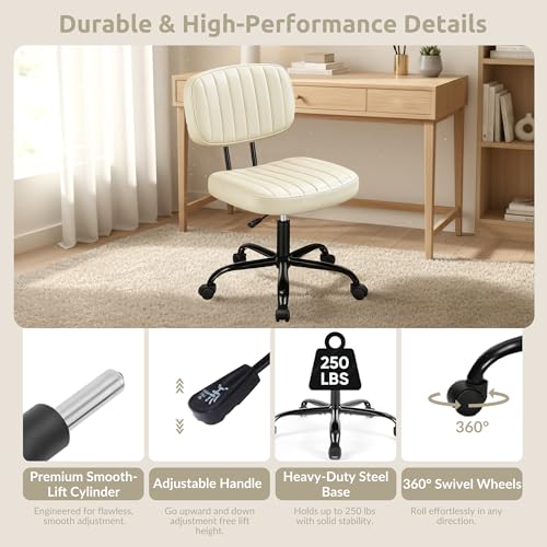 Swivel Rolling Office Chair, Armless Pu Leather Vanity Chair with Back Lumbar Support Height Adjustable Computer Chair, Small Desk Chair for Home Office, Beige White - color: Beige White
