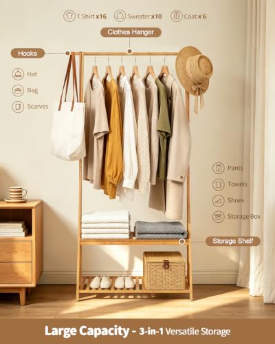 Bamboo Clothing Rack with Shelves, Wood Garment Rack for Hanging Clothes | Small Space Corner Clothes Hanger Rack with 2 Hooks,Freestanding Open Wardrobe Closet Rack in Bedroom,Entryway,Apartment - size: 2-Tier,60.5" Tall