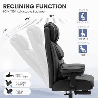 Office Desk Chair, Big and Tall Leather Gaming Chair with Footrest, Wide Ergonomic Comfy Executive High-Back Reclining Computer Chairs, Swivel Rolling Wheels and Padded Lumbar Support, Black Updated - color: Black 2.0, style: 3 Position Reclining