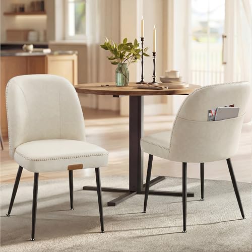 VASAGLE EKHO Collection - Dining Chairs Set of 2, Upholstered Kitchen Chairs, Comfortable Seat, Synthetic Leather with Stitching, Mid-Century Modern, with Storage Pocket, Cream White UKDC190WD01 - color: Cream White, size: Set of 2, style: With Storage