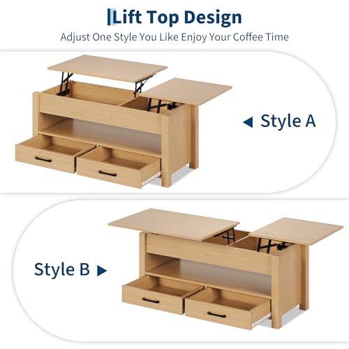 Multifunctional Lift Top Coffee Table, Convertible Wooden Coffee Table with 2 Drawers & Hidden Compartment, Storage Center Table for Living Room Home Office,Natural - color: Natural Wood