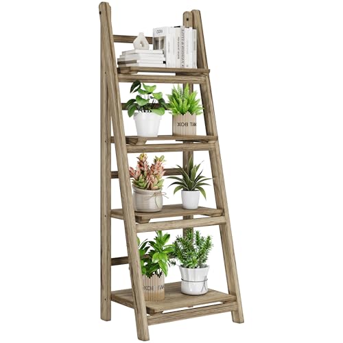 Ladder Shelf 4-Tier Foldable Wooden Ladder Bookshelf Plant Stand | Folding Wooden Ladder Bookshelf, Plant Stand for Small Space, Display Rack for Living Room, Bedroom, Balcony, Natural Wood - color: 4-tier/Light Brown
