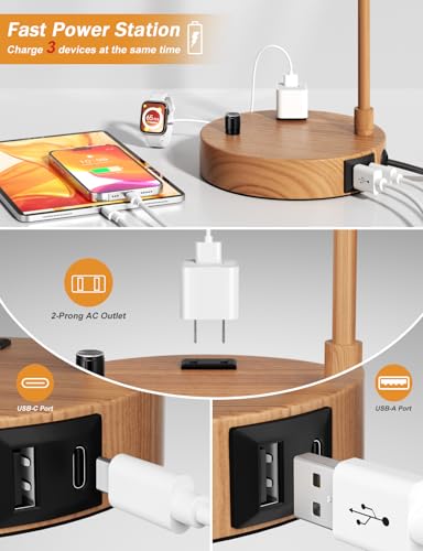 Innqoo Wood Table Lamp for Bedroom with USB Port and Outlet, Dimmable Nightstand Bedside Lamps with Linen Lampshade, Desk Lamp for Home Office, Living Room, Guest Room, LED Bulb Included - color: F-Beige Shade & Wood Base