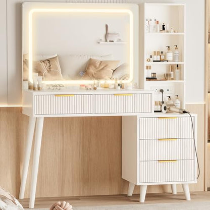 Vanity Desk with Mirror and Lights, Makeup Vanity Desk with Power Outlet, Makeup Desk with 5 Drawers&Storage Shelves, Vanity Table 3 Color Modes Adjustable Brightness Dressing Table Set for Bedroom - style: White Vanity with Power Outlet