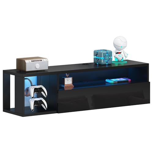 sogesfurniture 39.3'' Floating Wall TV Cabinet Stand with LED Lights, Wall Mounted Entertainment Center with Storage Shelves, Modern High Gloss Media Console for Living Room, Bedroom - size: 39.3"-Black