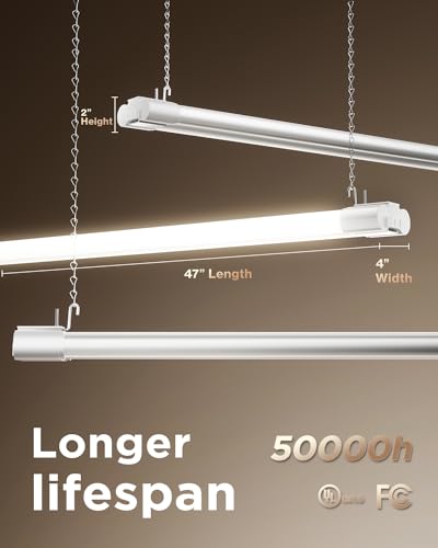 Sunco 6 Pack LED Shop Lights 4FT, Plug in Linkable, White, 40W=150W | 5000K Daylight, 4500LM, Frosted Lens, Pull Chain, Hanging/Surface Mount, 48 Inch Utility Light Fixture for Garage, Workshop