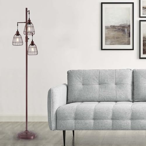 9MMML Dimmable Floor Lamp,Industrial Farmhouse Tall Standing Floor Lamp for Living Room, Bedroom Office,3 Teardrop Cage Lampshade,3 LED Bulbs Inculded. 68'' Tall - color: Oil-Rubbed Bronze