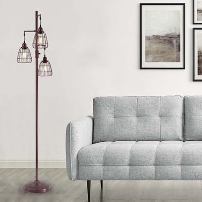 9MMML Dimmable Floor Lamp,Industrial Farmhouse Tall Standing Floor Lamp for Living Room, Bedroom Office,3 Teardrop Cage Lampshade,3 LED Bulbs Inculded. 68'' Tall - color: Oil-Rubbed Bronze