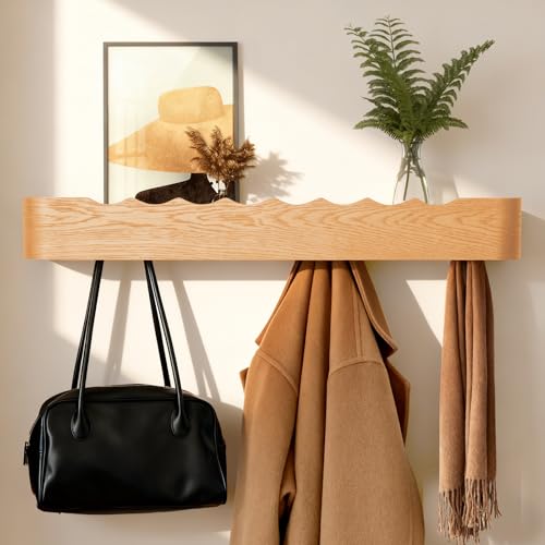 Coat Rack Wall Mount with Shelf Entryway Shelf Modern Key Holder Hanger Wall Shelves with Hidden Hooks for Hanging Towels Coats Hats Bags for Hallway Bathroom Bedroom (Wavy Oak, 8 Hooks) - color: Wavy Oak, size: 8 hooks