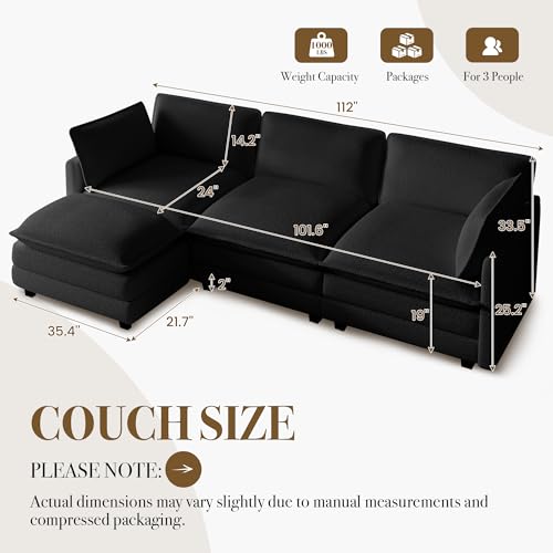 ROWHY 112'' Modular Sectional Cloud Couch with Movable Ottoman, 4 Seat Modern Chenille Sofa, Deep Seat L Shaped Couch for Living Room Bedroom Apartment,Jet Black - color: Jet Black, size: 112''